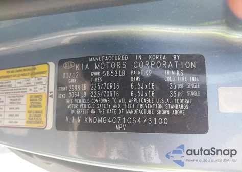 2012 Kia Sedona Lx z USA, uszkodzony, nr VIN KNDMG4C71C6473100